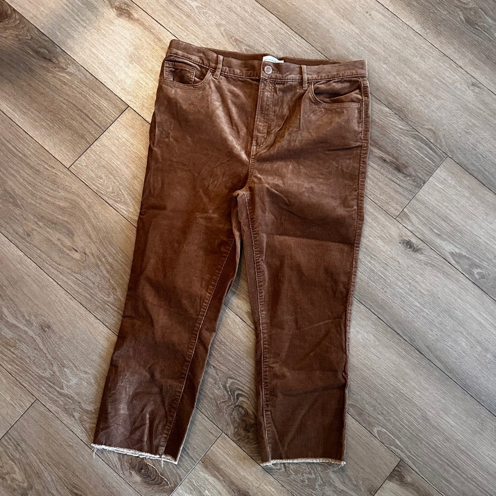 LOFT High Waist Skinny Corduroy Pants Brown Raw Hem Size 14 32W
